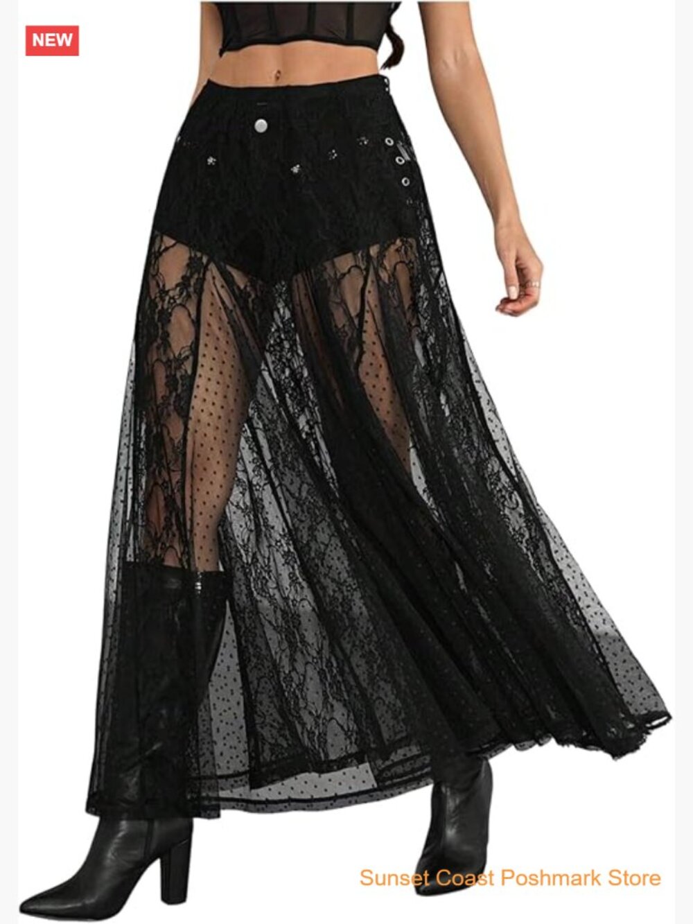 Sheer Lace Maxi Skirt Y2K Drop Waist See Through Flowy Long Skirt Western